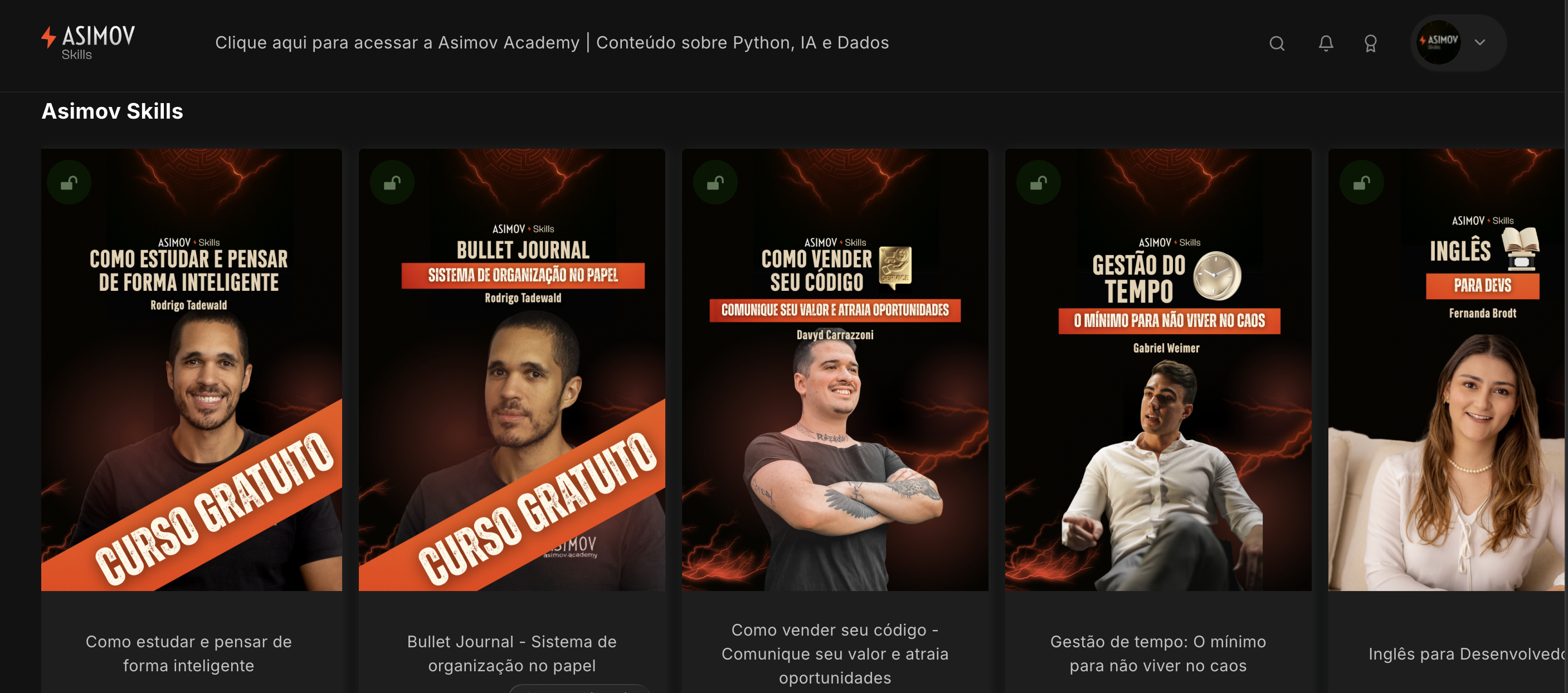 Preview da área de membros Asimov Skills